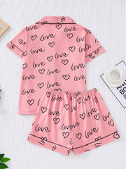 Heart Print Pajama Set Short Sleeve Buttons Top & Elastic Waistband Shorts
