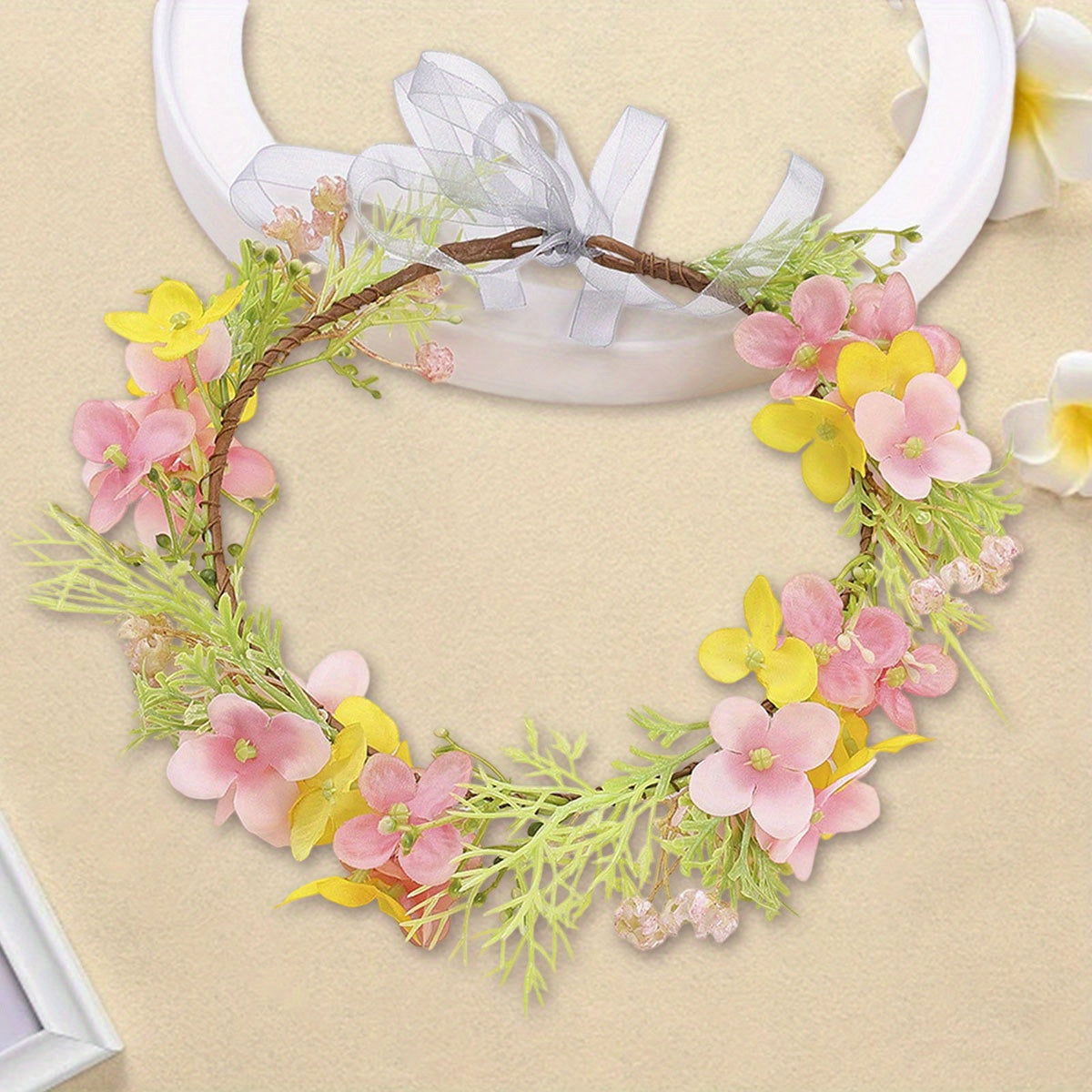 Floral Bridal Flower Crown Headband with Leaf Wreath & Pink Yellow Flowers