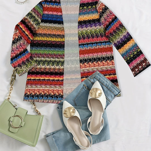 Colorblock Knit Print Long Sleeve Cardigan