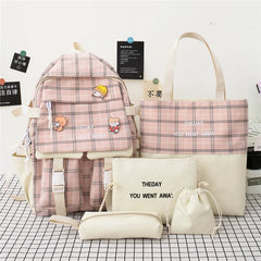 5Pcs/set Canvas Backpack Schoolbags for Girls Tote Book Bag Student Rucksack