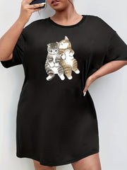  Cats Print Lounge Dress Short Sleeve Round Neck Sleep Dress