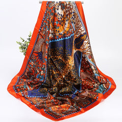 Vintage Flower Print Square Satin Scarf Silk Shawl Head Wrap Bandana Hijab