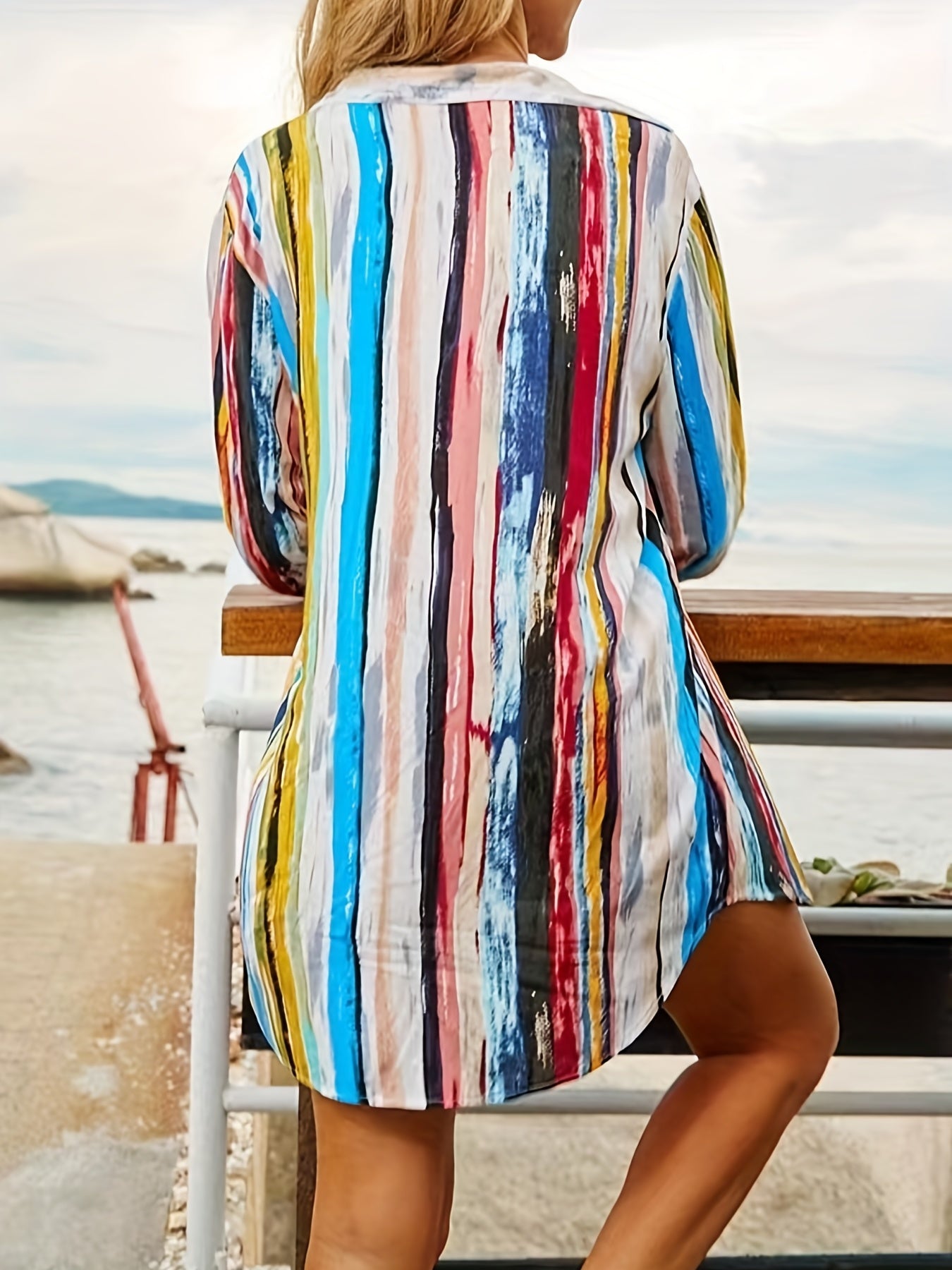  Stripe Print Button Up Blouse