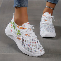 Dragonfly Print Knit Sports Shoes Rhinestone Decor Low Top Running Shoes