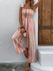Striped Print Lace Up Jumpsuit Shirred Sleeveless Wide Leg Jumpsuit