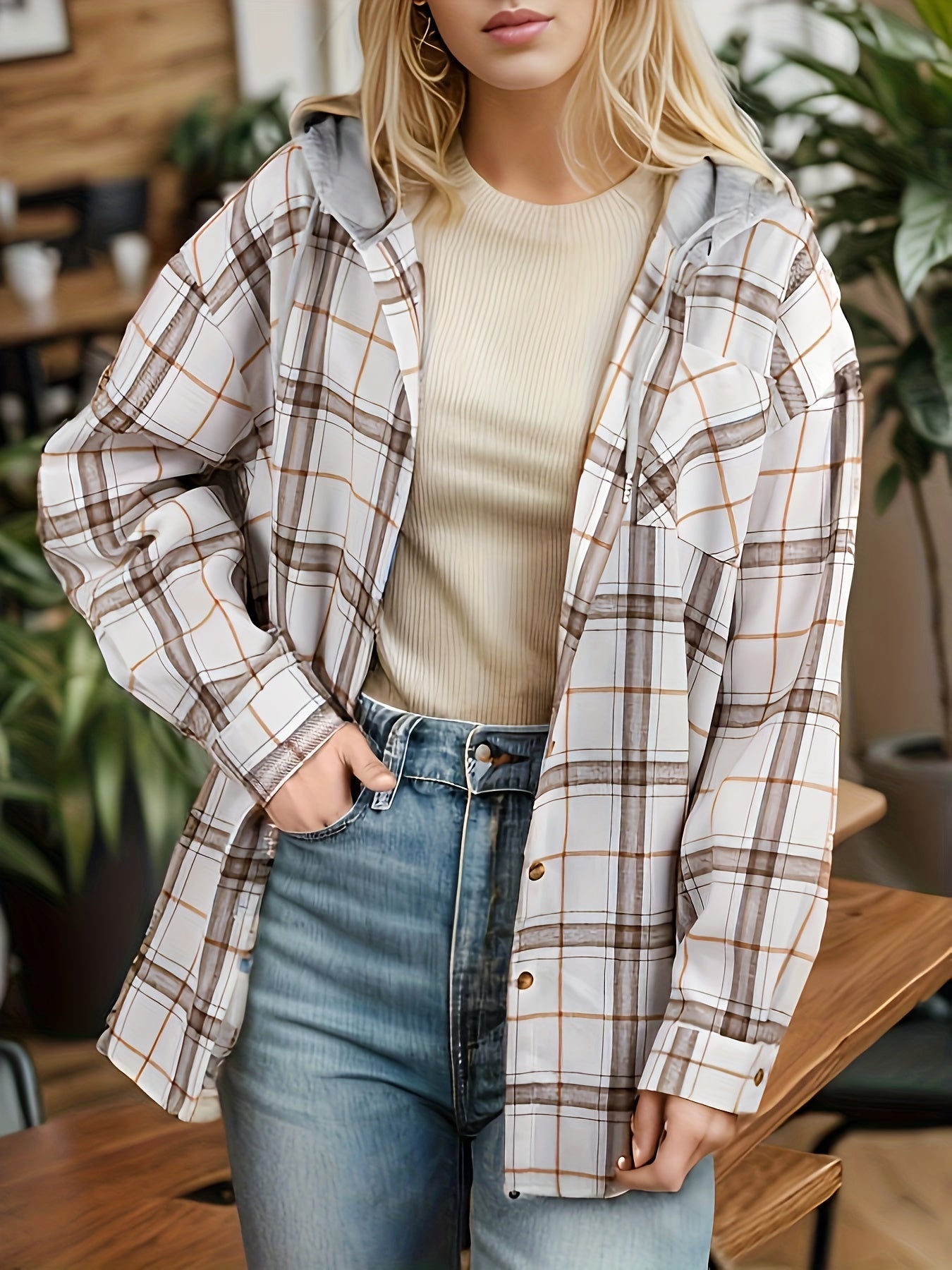  Plaid Print Drawstring Hooded Shirt