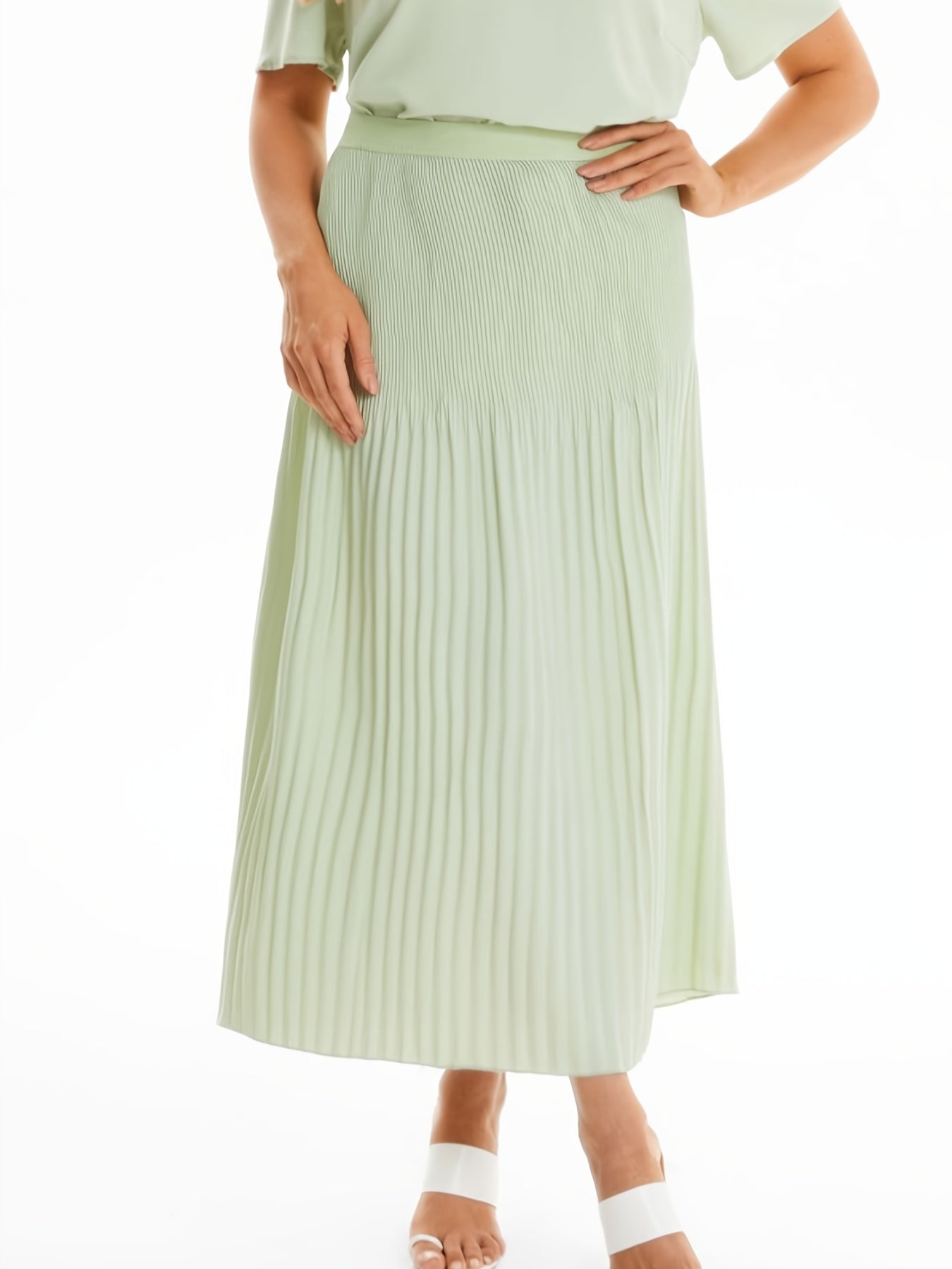  Lace Short Sleeve Tops & Pleated Maxi Skirt Set 2pcs Outfit