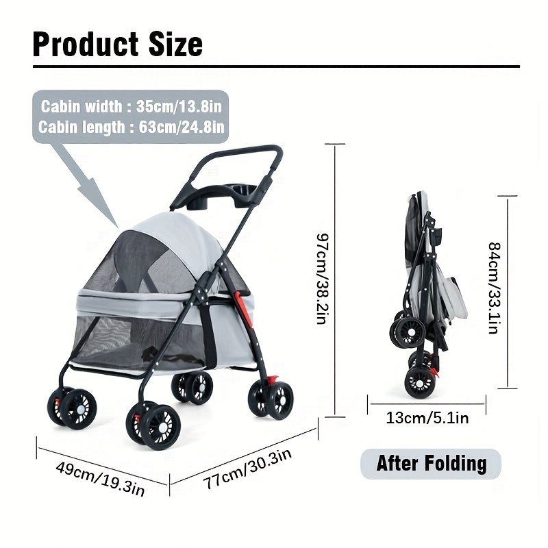 Folding Dog Stroller with Cup Holder & Mesh Window