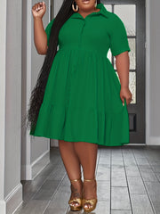 Plus Size Solid Short Sleeve Button Up Shirt Dress
