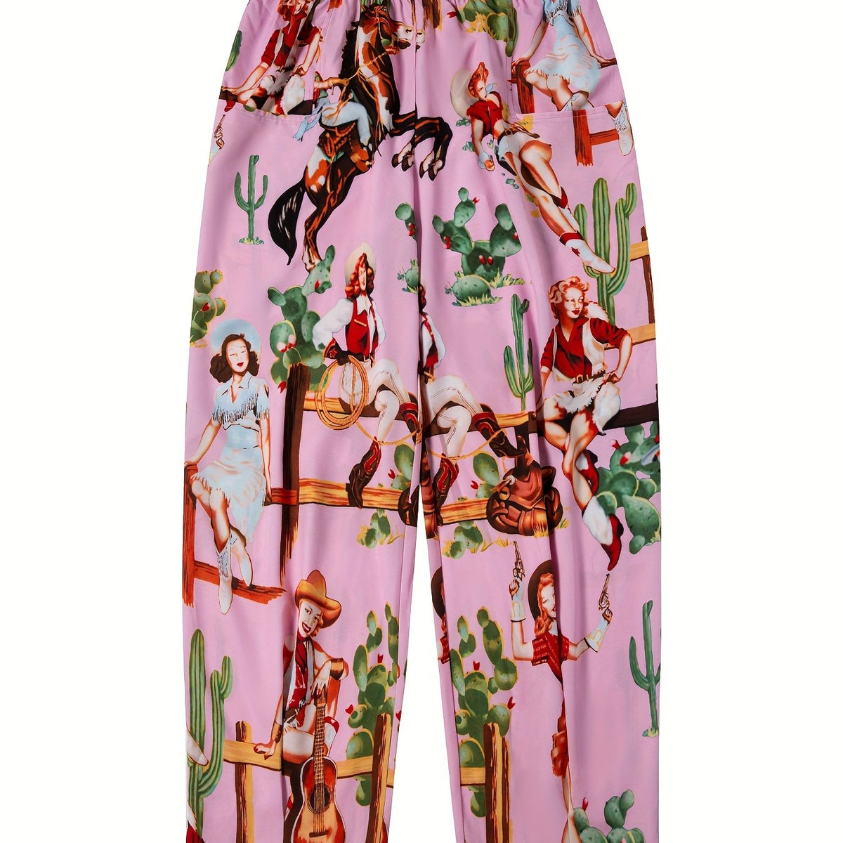  Cowgirl Print Wide Leg Pants Elastic Waist High Rise Stretch Trousers