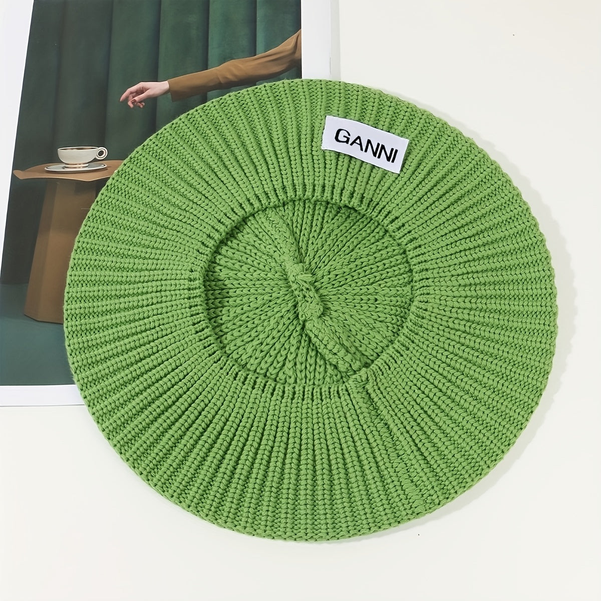 Green Knitted Beret Label Patch Beanie Casual British Style Artist Hat Warm