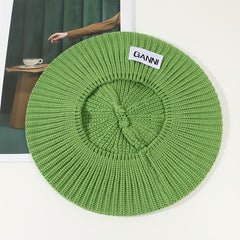 Green Knitted Beret Label Patch Beanie Casual British Style Artist Hat Warm