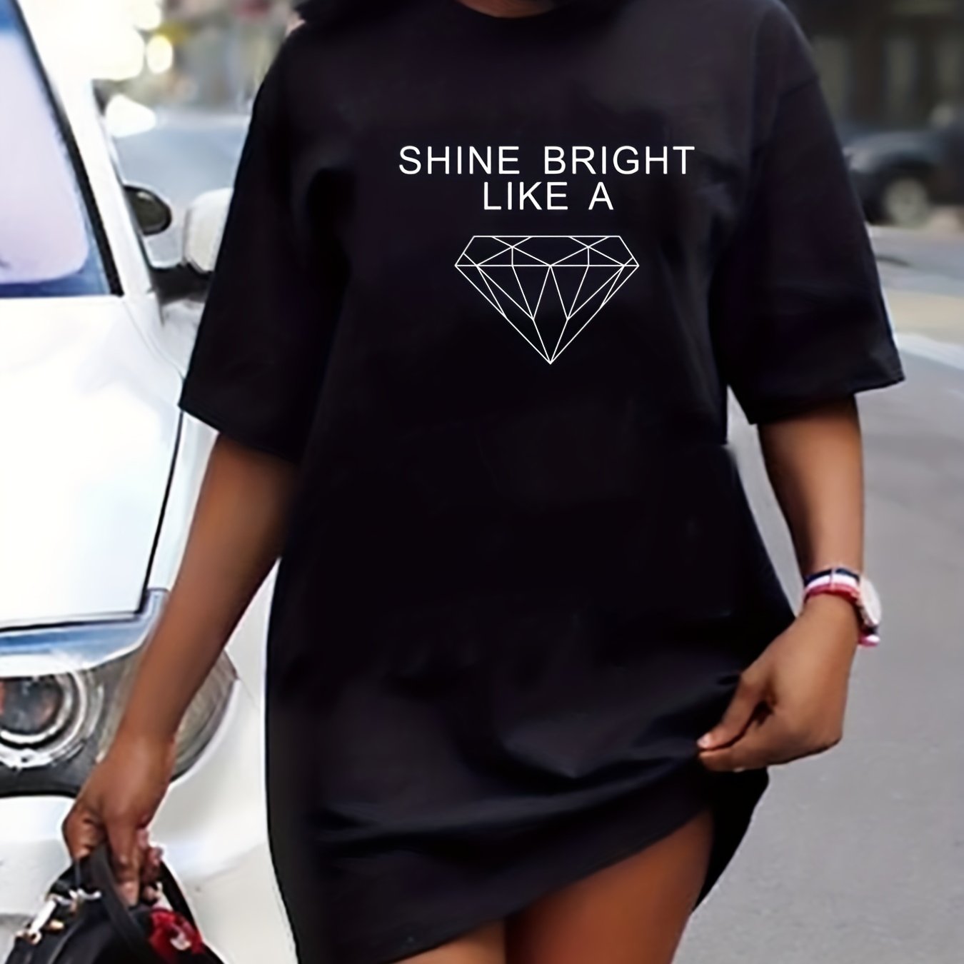  Diamond & Letter Print Round Neck Tee Dress