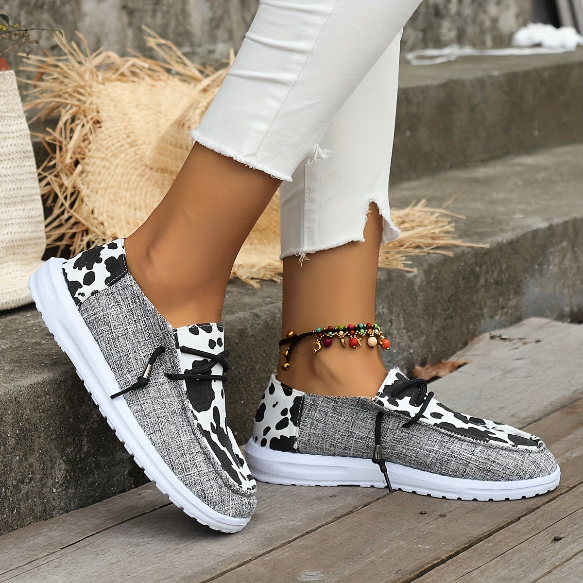 Cow Print Flat Loafers Slip On Canvas Shoes Round Toe Low Top