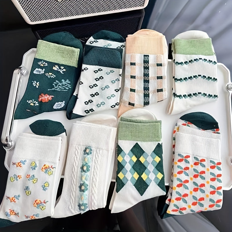 8 Pairs Floral & Plaid Print Mid Tube Socks Women's Stockings Hosiery