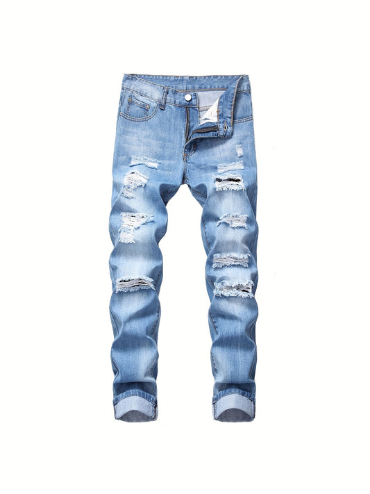 Mens Ripped Straight Denim Jeans With Pockets