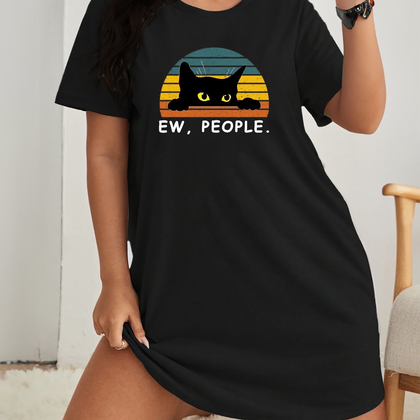  Cat & Letter Print Tee Nightdress - Medium Stretch