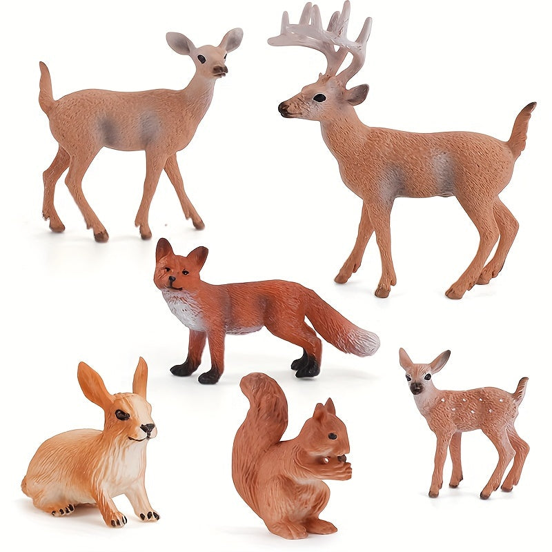 6pcs PVC Animal Set: Deer, Fox, Squirrel, Rabbit, Reindeer Desktop Ornament
