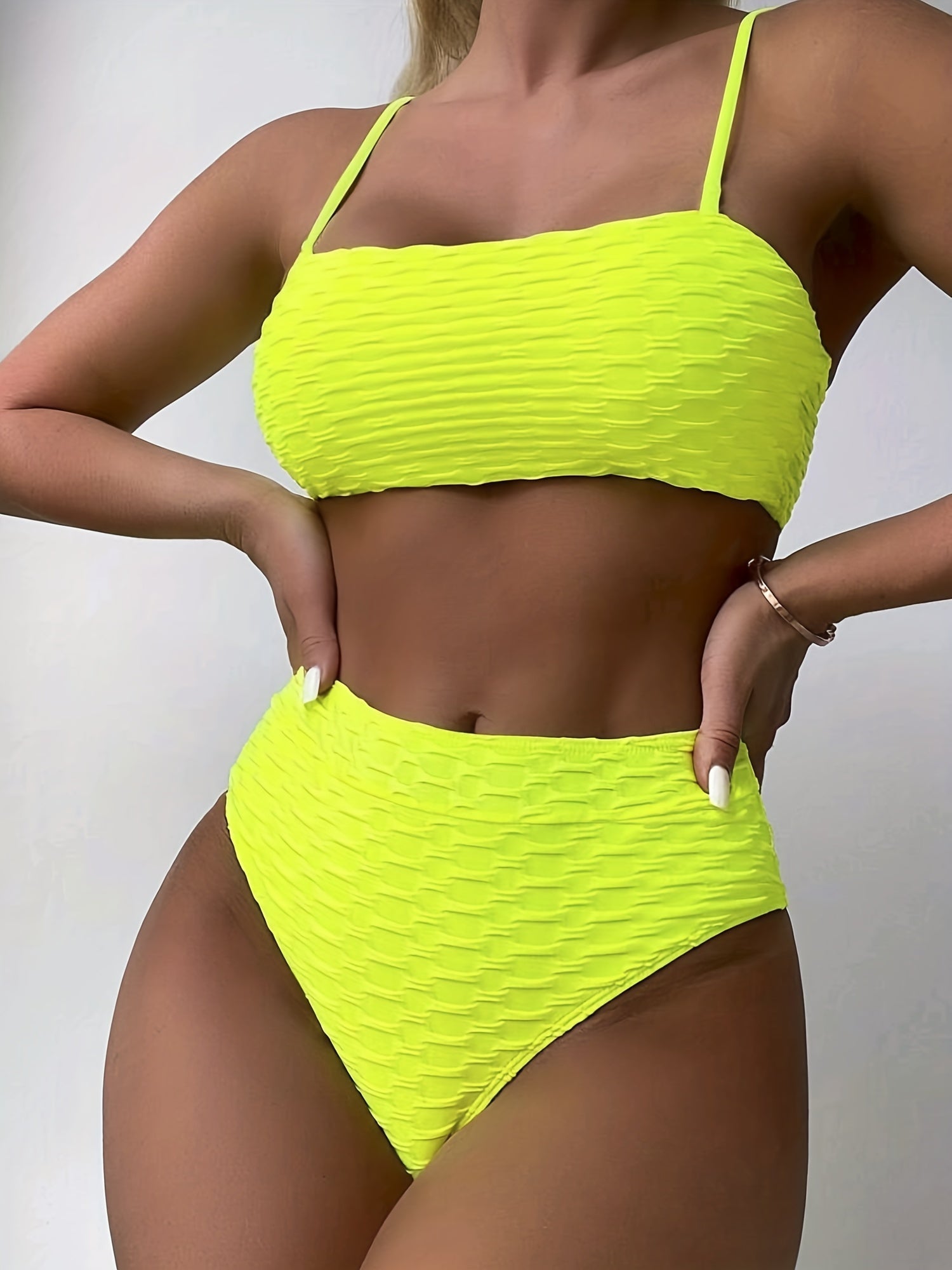 Solid Spaghetti Straps Bikini Set High Cut Swimsuit
