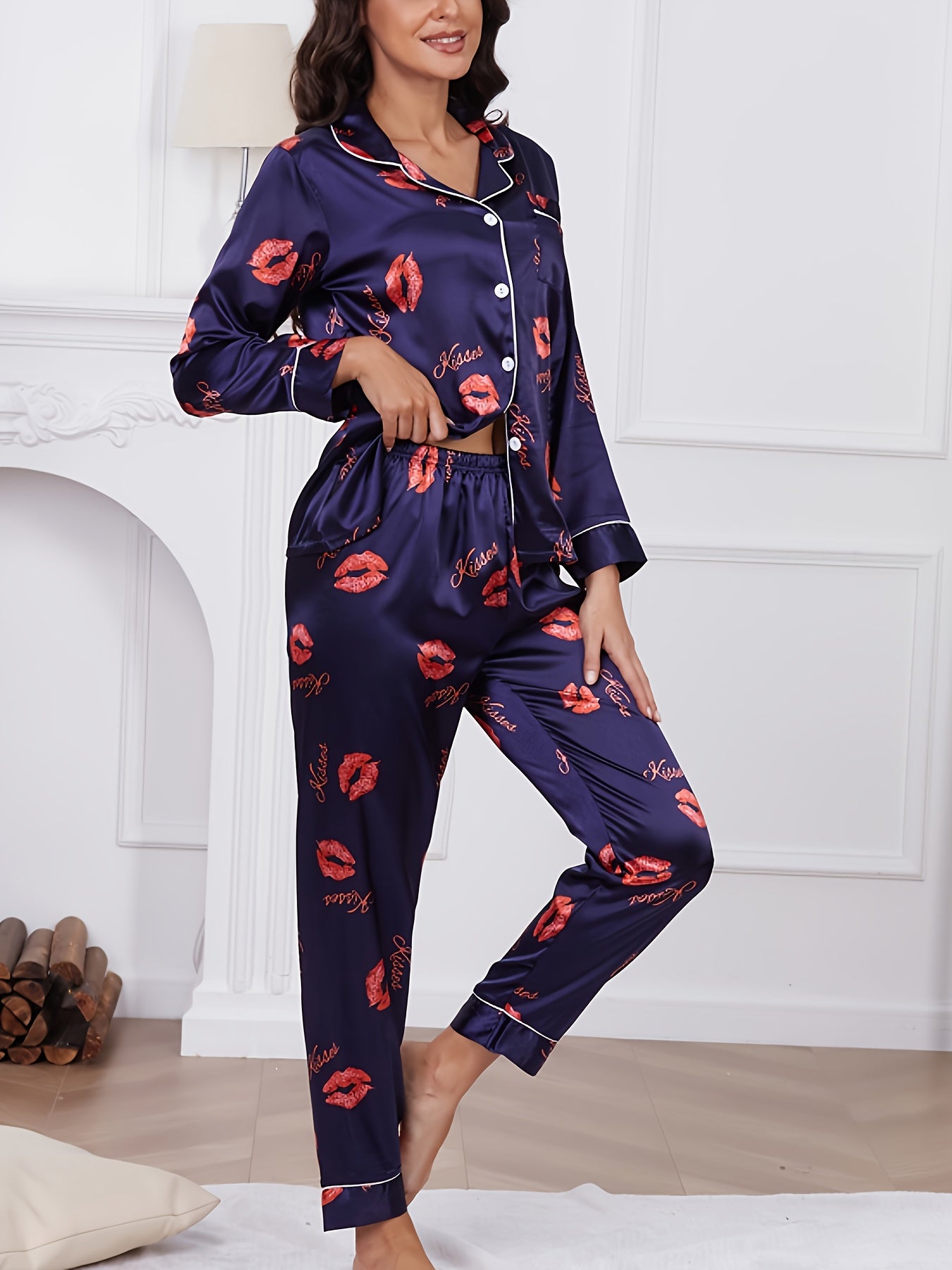 Lips & Letter Print Pajama Set Long Sleeve Top & Pants Women's Sleepwear