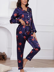 Lips & Letter Print Pajama Set Long Sleeve Top & Pants Women's Sleepwear