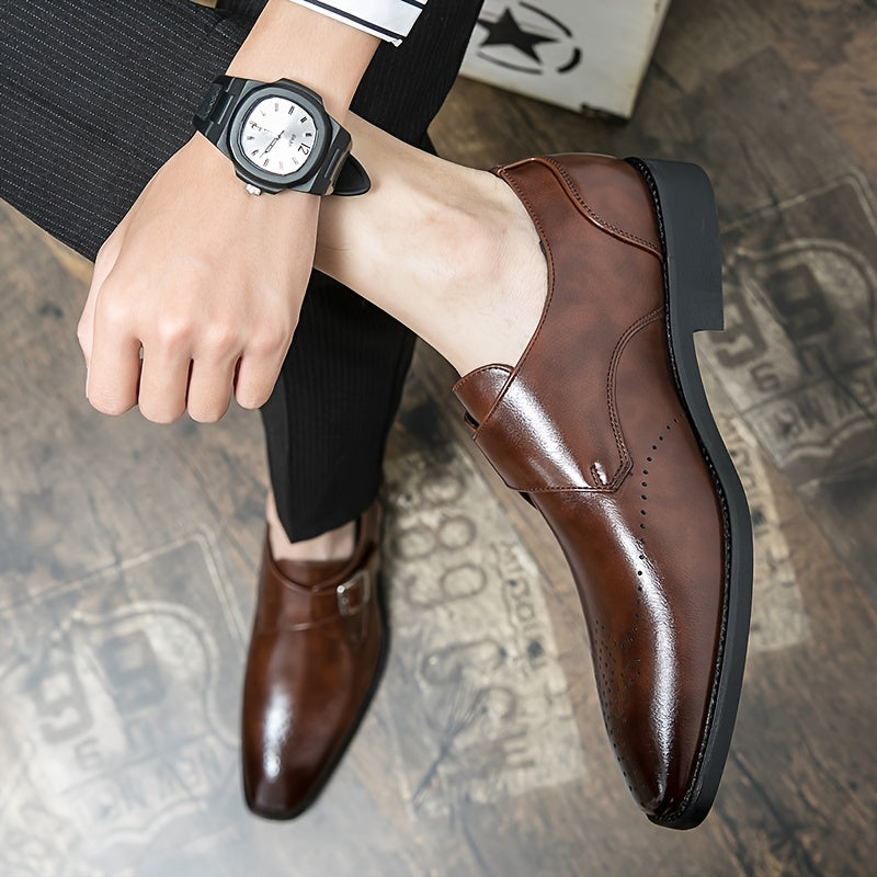 Men's Brogue Monk Strap Loafer Shoes Square Toe Casual Dress Shoes