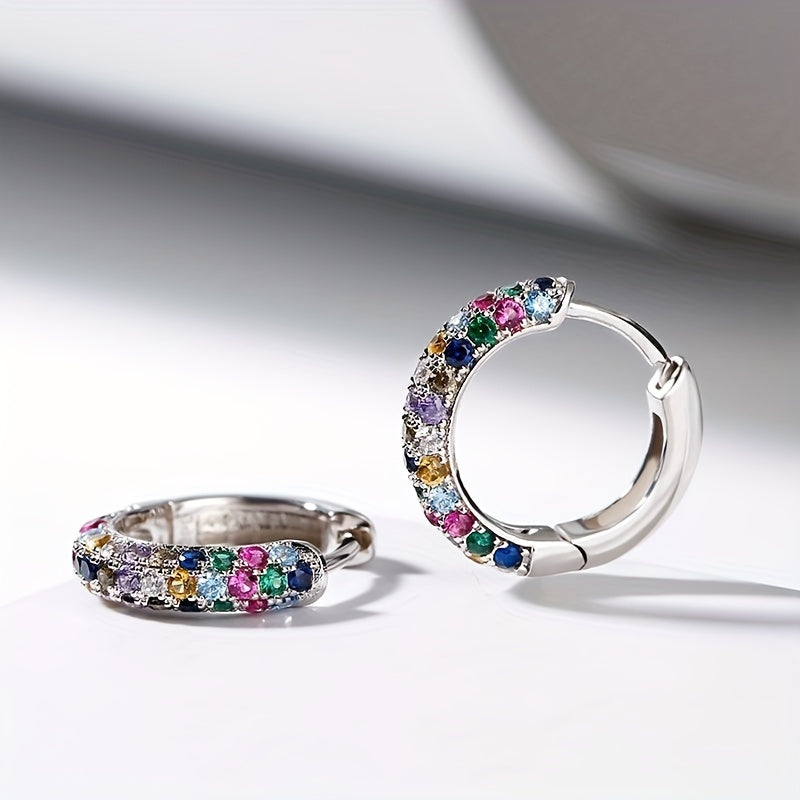 Men's Silver Plate Round Earrings Set with Colorful Zircon, Small Hoop