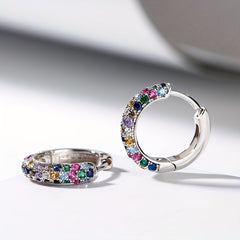 Men's Silver Plate Round Earrings Set with Colorful Zircon, Small Hoop
