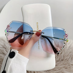 Rhinestone Rimless Sunglasses UV400 Gradient Glasses