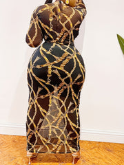  Chain Print Halter Bra & Long Sleeve Semi Sheer Cover Up Set