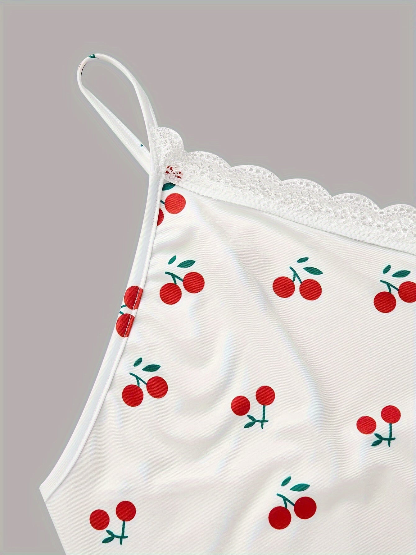  Cherry Print Lace Trim V Neck Cami Sleep Dress