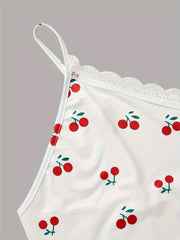  Cherry Print Lace Trim V Neck Cami Sleep Dress