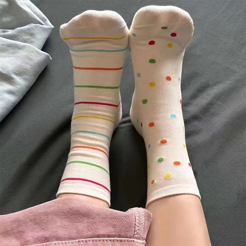 3 Pairs Polka Dot & Stripe Print Socks Soft Mid Tube Women's Stockings