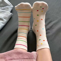 3 Pairs Polka Dot & Stripe Print Socks Soft Mid Tube Women's Stockings