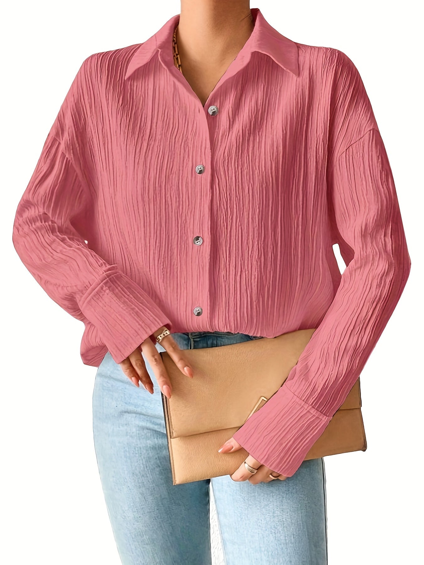  Crinkle Button Up Long Sleeve Blouse