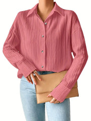  Crinkle Button Up Long Sleeve Blouse