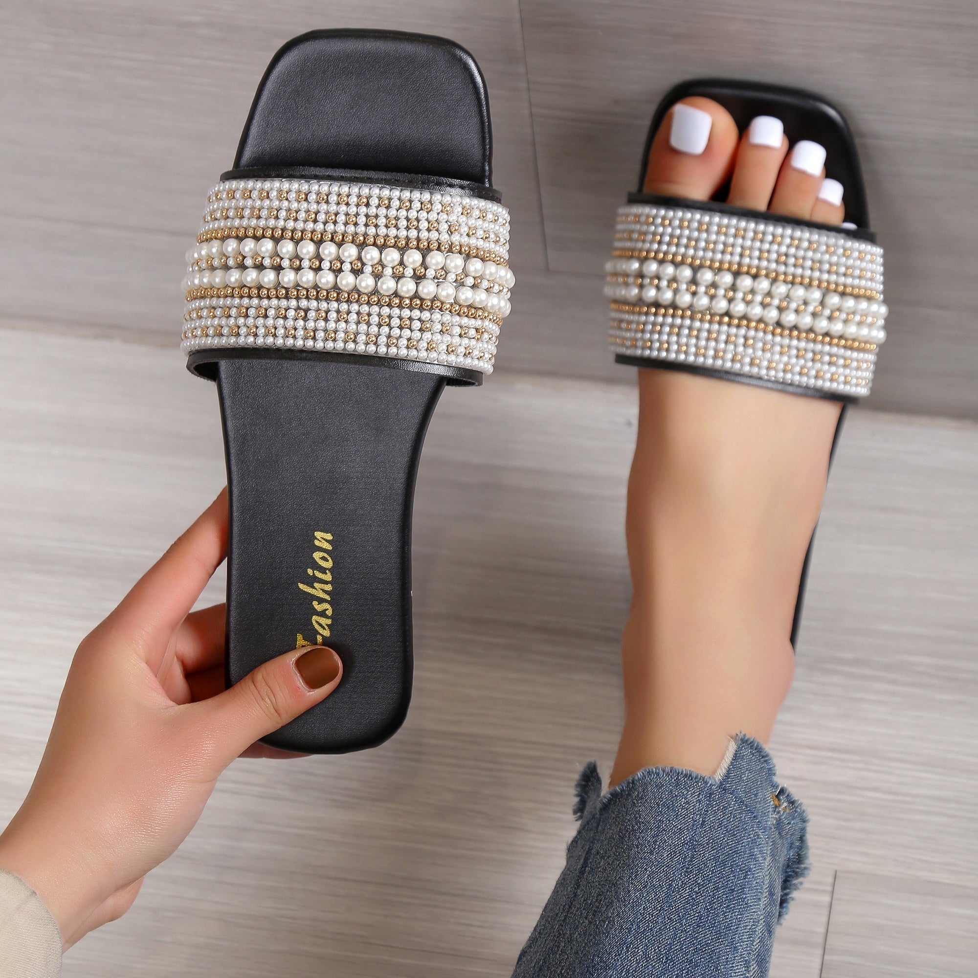 Women's Pearl & Beads Flat Slippers Square Open Toe Slides