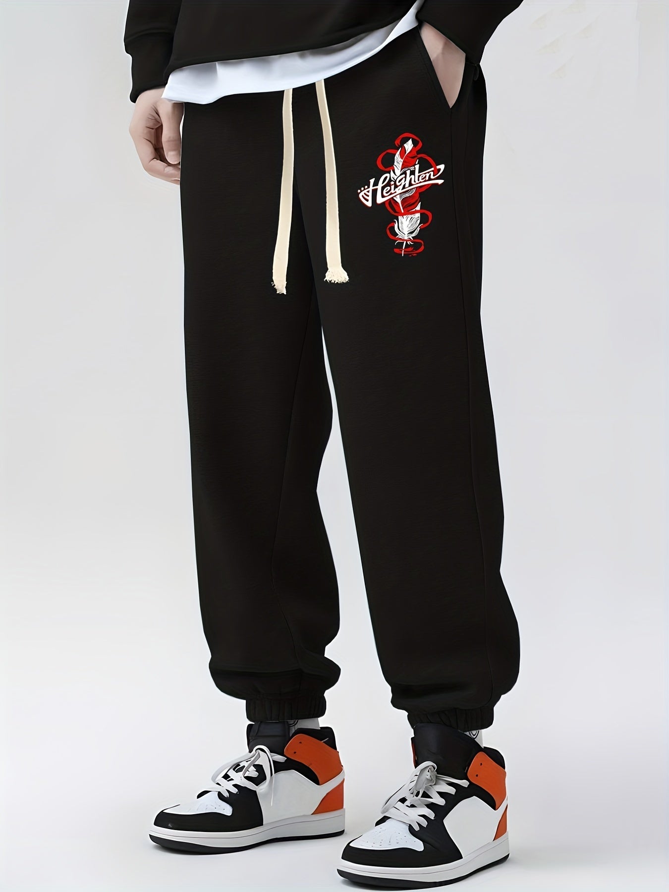 Feather Print Drawstring Sweatpants Loose Fit Pants Men's Casual Joggers