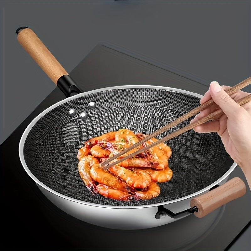 Non Stick Wok With Lid 32 Stainless Steel Honeycomb Coating Deep Frying Pan