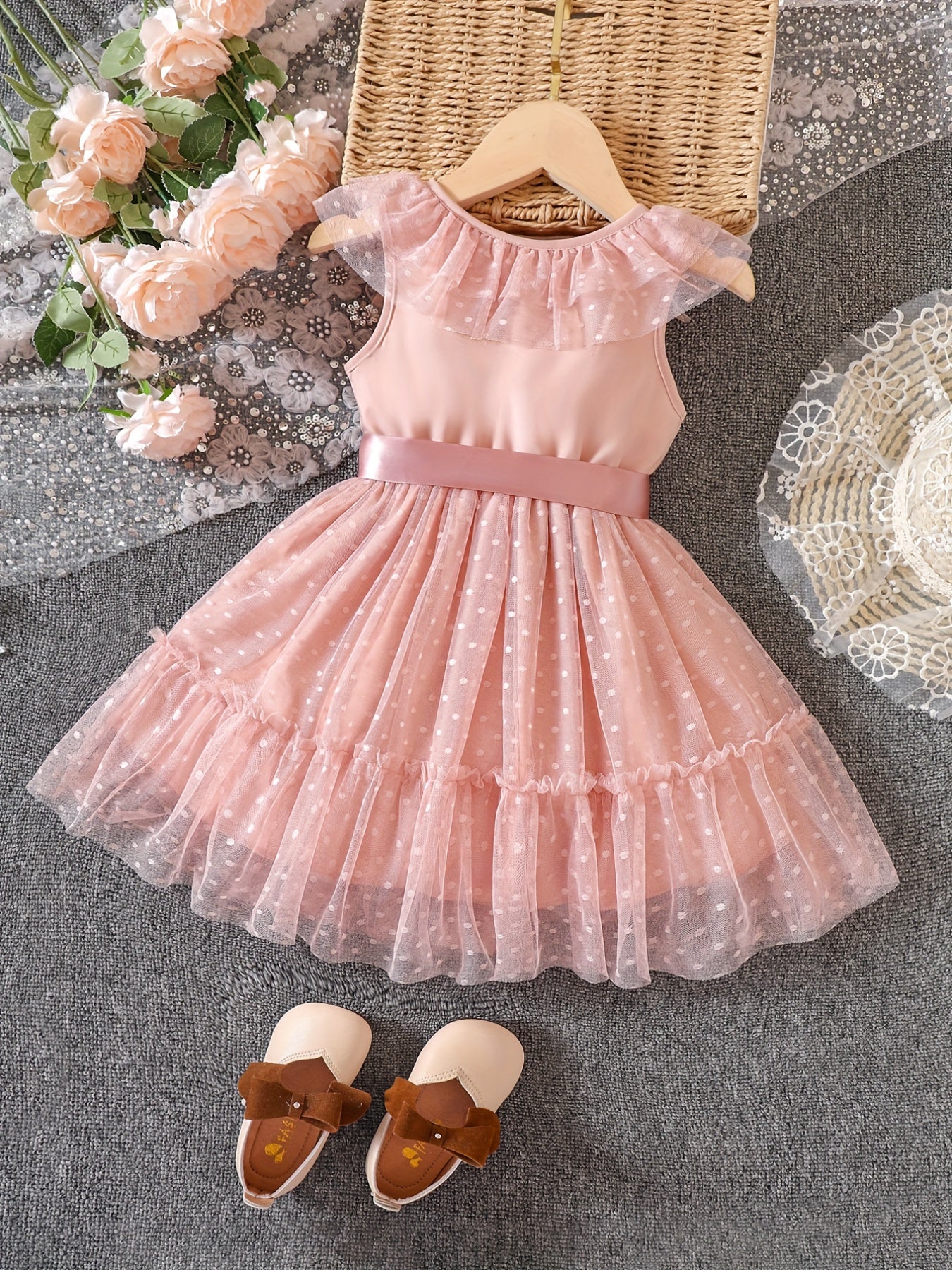 Girls' Dots Print V Neck Tulle Princess Dress