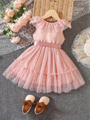 Girls' Dots Print V Neck Tulle Princess Dress