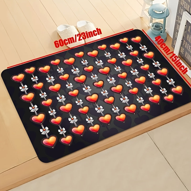 Red Heart Print Kitchen Mat Floral Pattern Rug, Washable Decorative Carpet