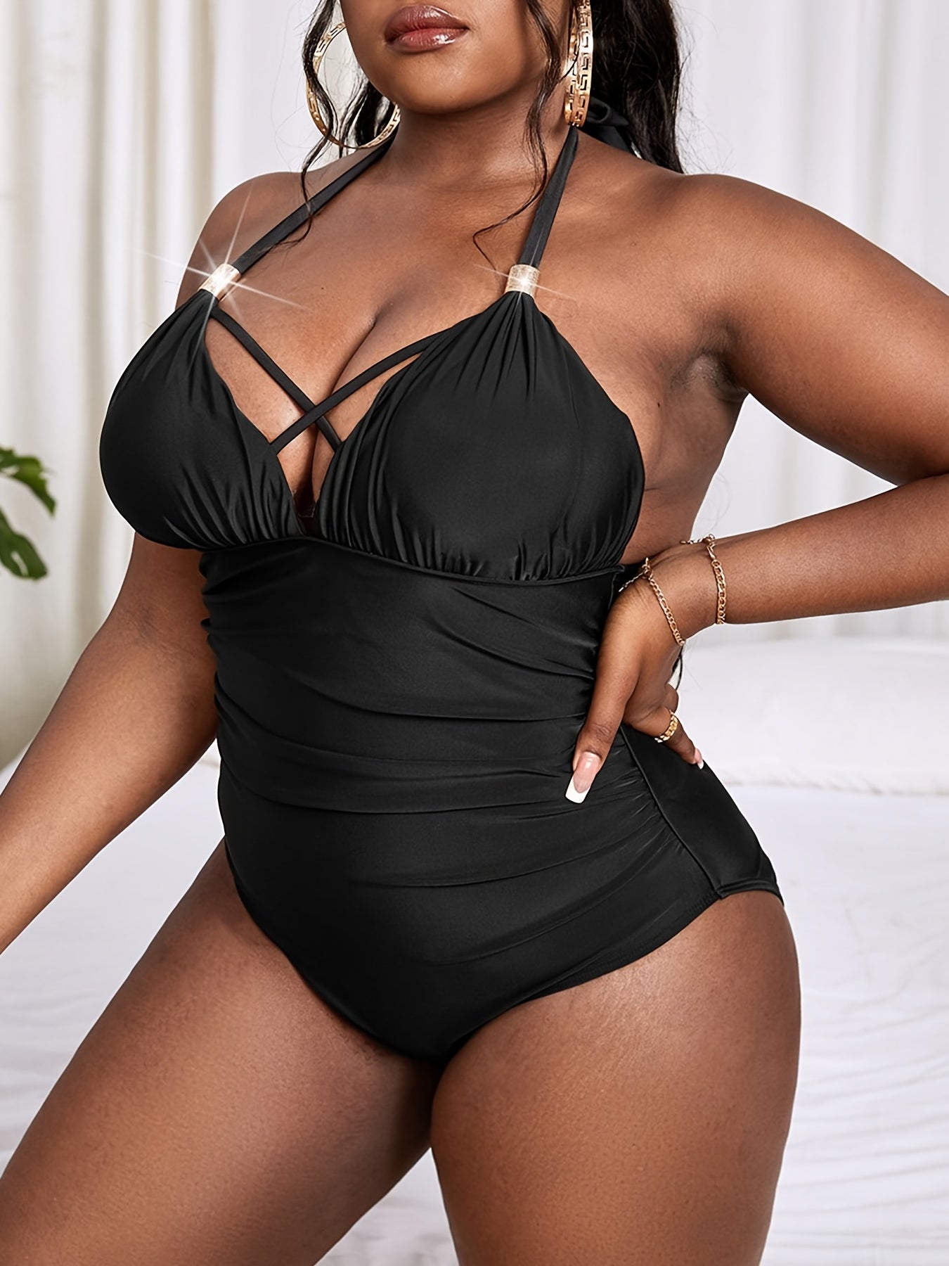  Halter Neck Criss Cross One Piece Swimsuit