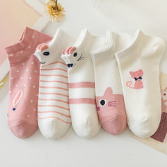 5 Pairs Pink Cat Print Short Socks Soft Lightweight Low Cut Ankle Socks