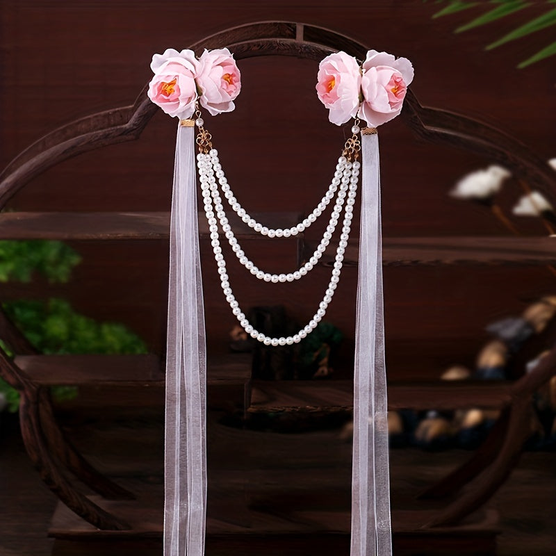Chinese Style Flower Hair Clip With Faux Pearl Beaded Chain