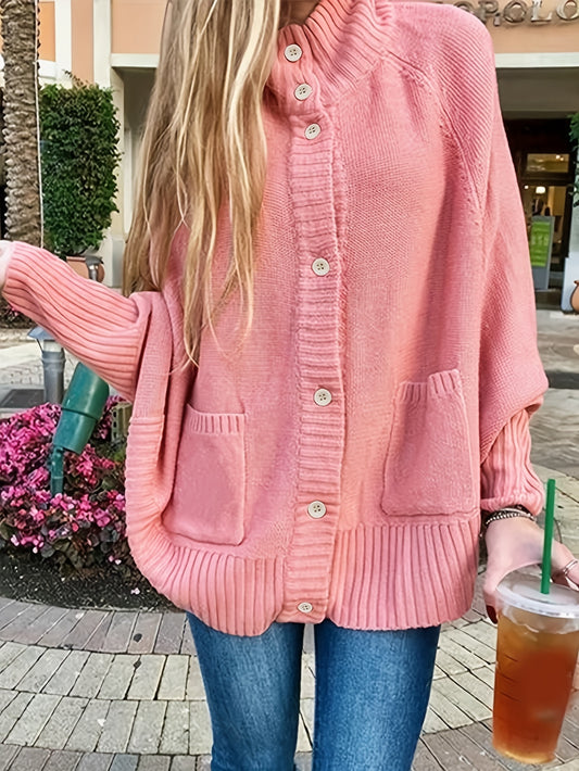  Solid Button Up Long Sleeve Cardigan with Pockets