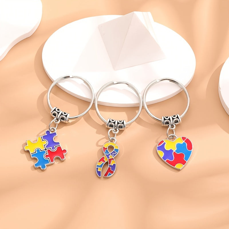 Metal Keychain Diy Four Peach Hearts Squares Ribbon Puzzle Car Keychain