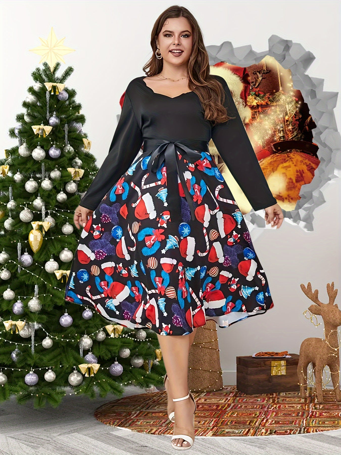  Colorblock Print V Neck Floral Trim Dress