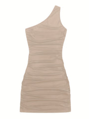 Y2K Solid One Shoulder Dress Bodycon Ruched Sleeveless Dress