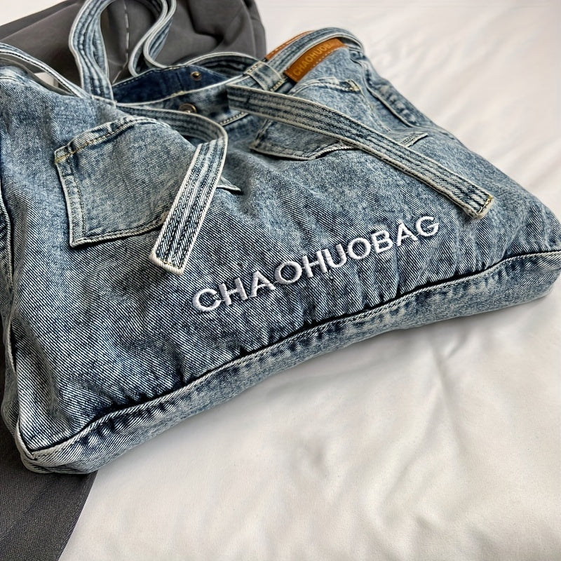 Denim Canvas Tote Bag Large Capacity Shoulder Bag Vintage Y2K Hobo Bag